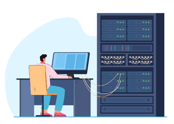 Man engineer working on computer server rack switchboard