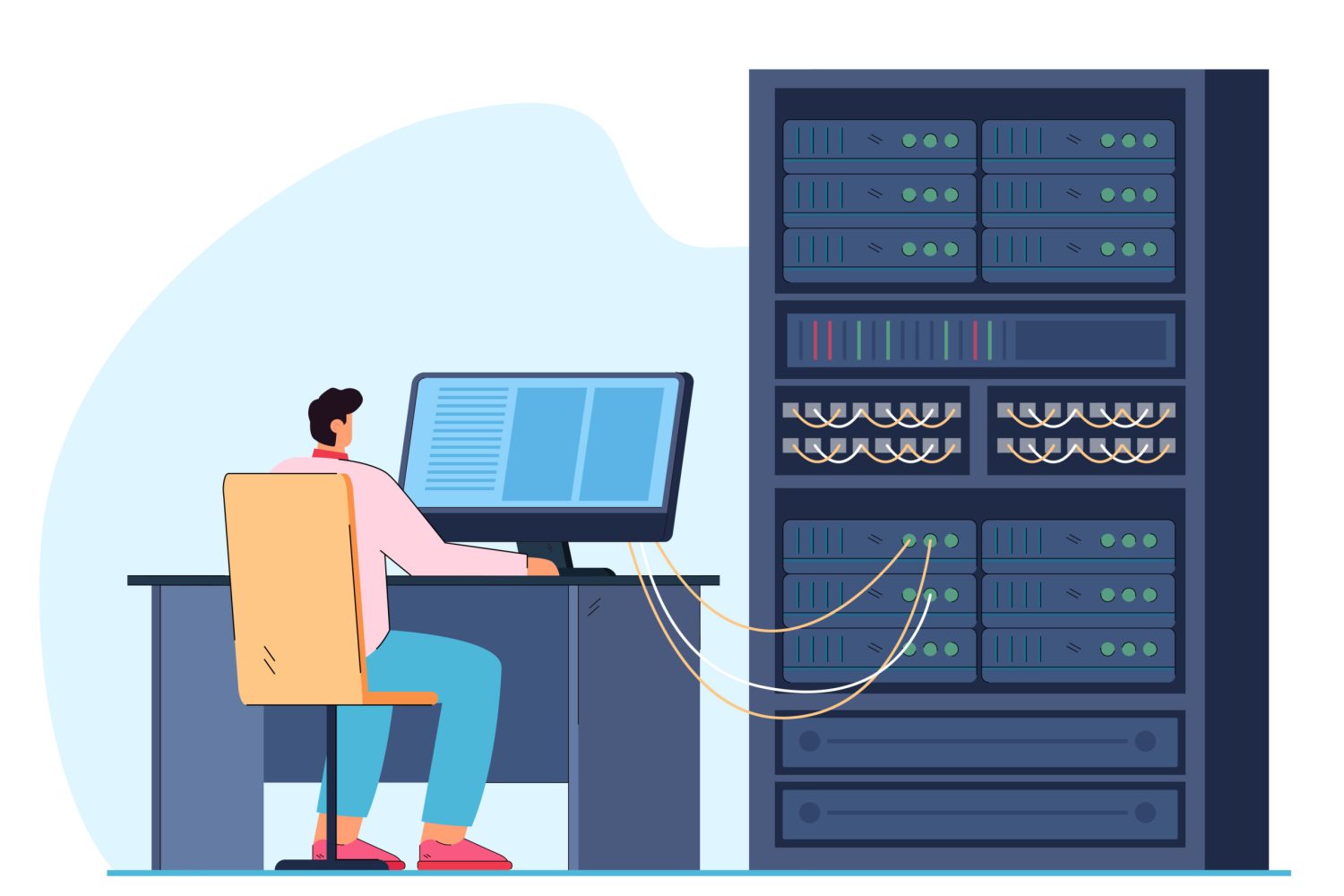 Man engineer working on computer server rack switchboard Prestataire d'infogérance informatique